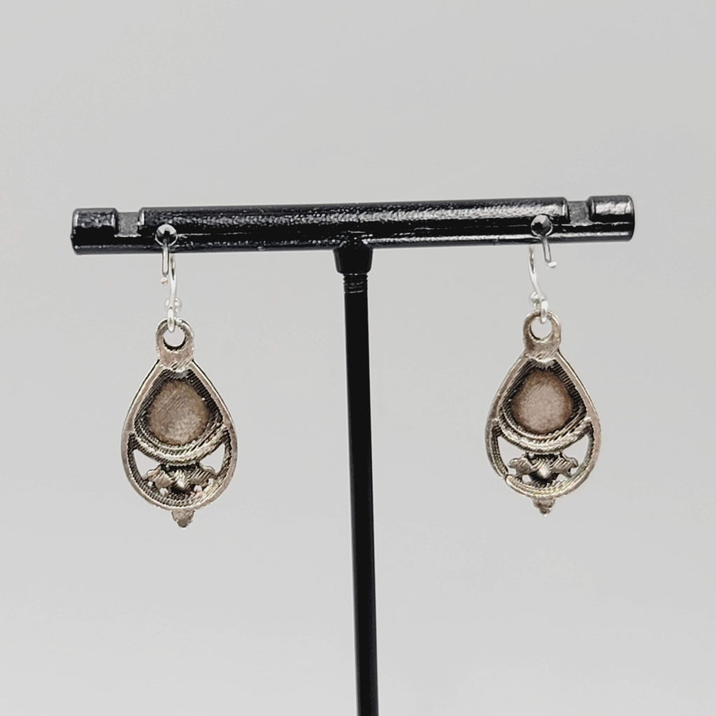 Boho Antiqued Silver tone Pierced Earrings Green Accent Yellow Rhinestone 7/8"
