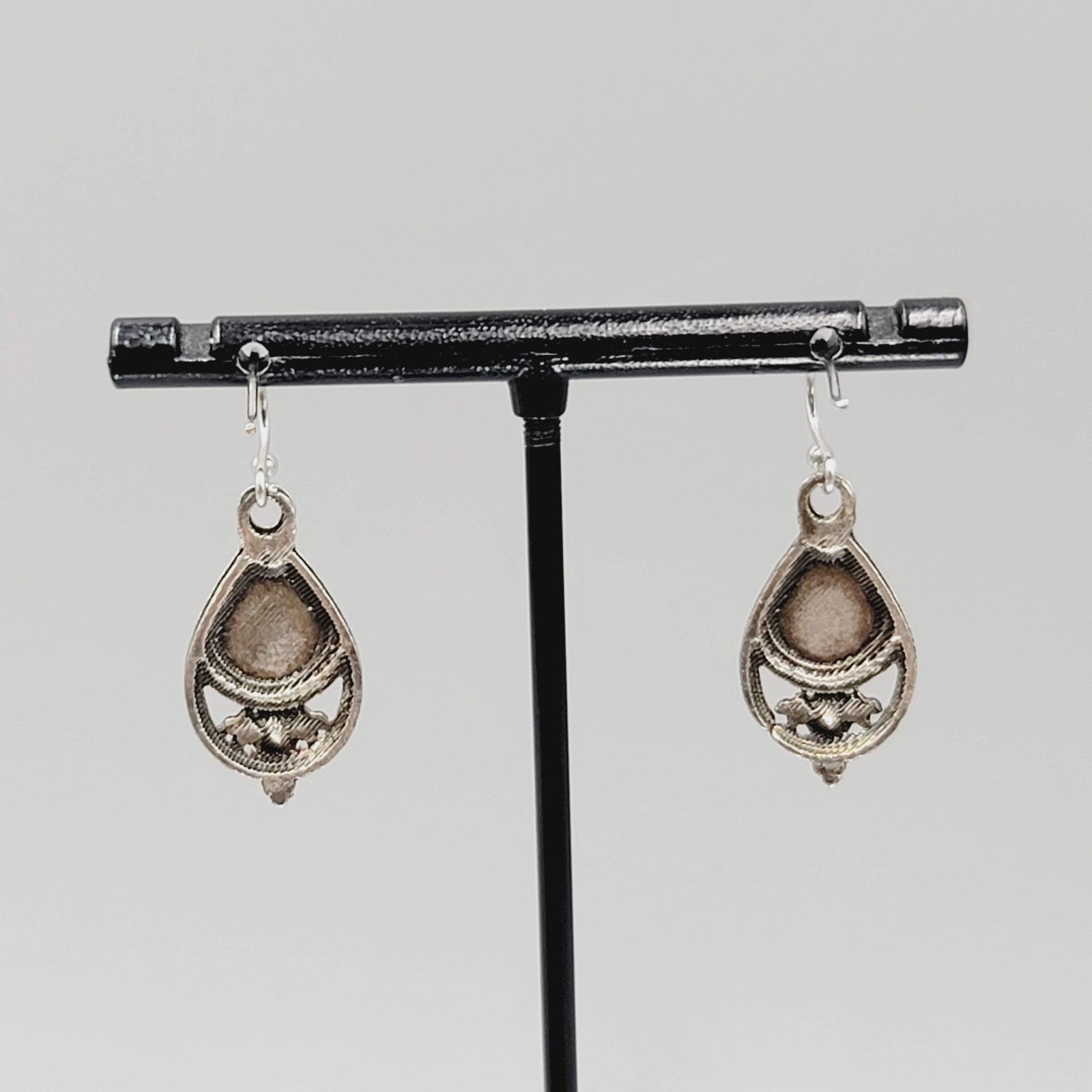 Boho Antiqued Silver tone Pierced Earrings Green Accent Yellow Rhinestone 7/8"