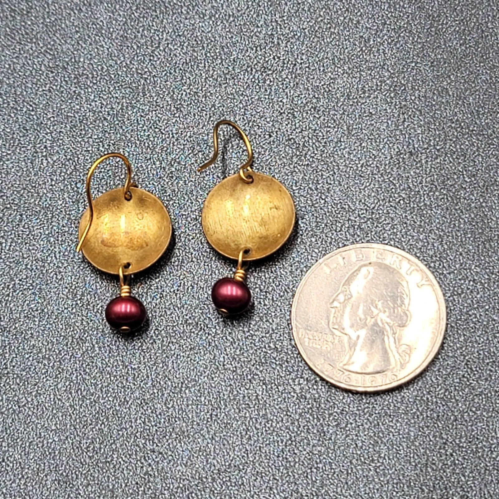 Pierced Earrings Brushed Gold Plated Embossed Disk Red Bead 1"