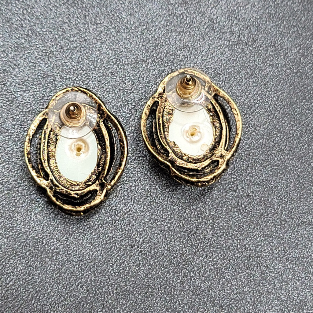 Vintage Pierced Earrings Gold tone White Cabochon Oval Drop 1"
