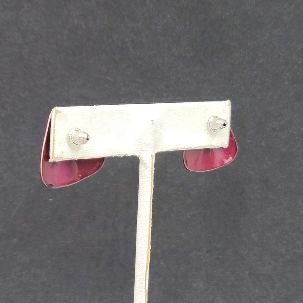 Vintage Pierced Earrings Burgundy Red Black Enamel over Metal Triangle Drop 3/4"