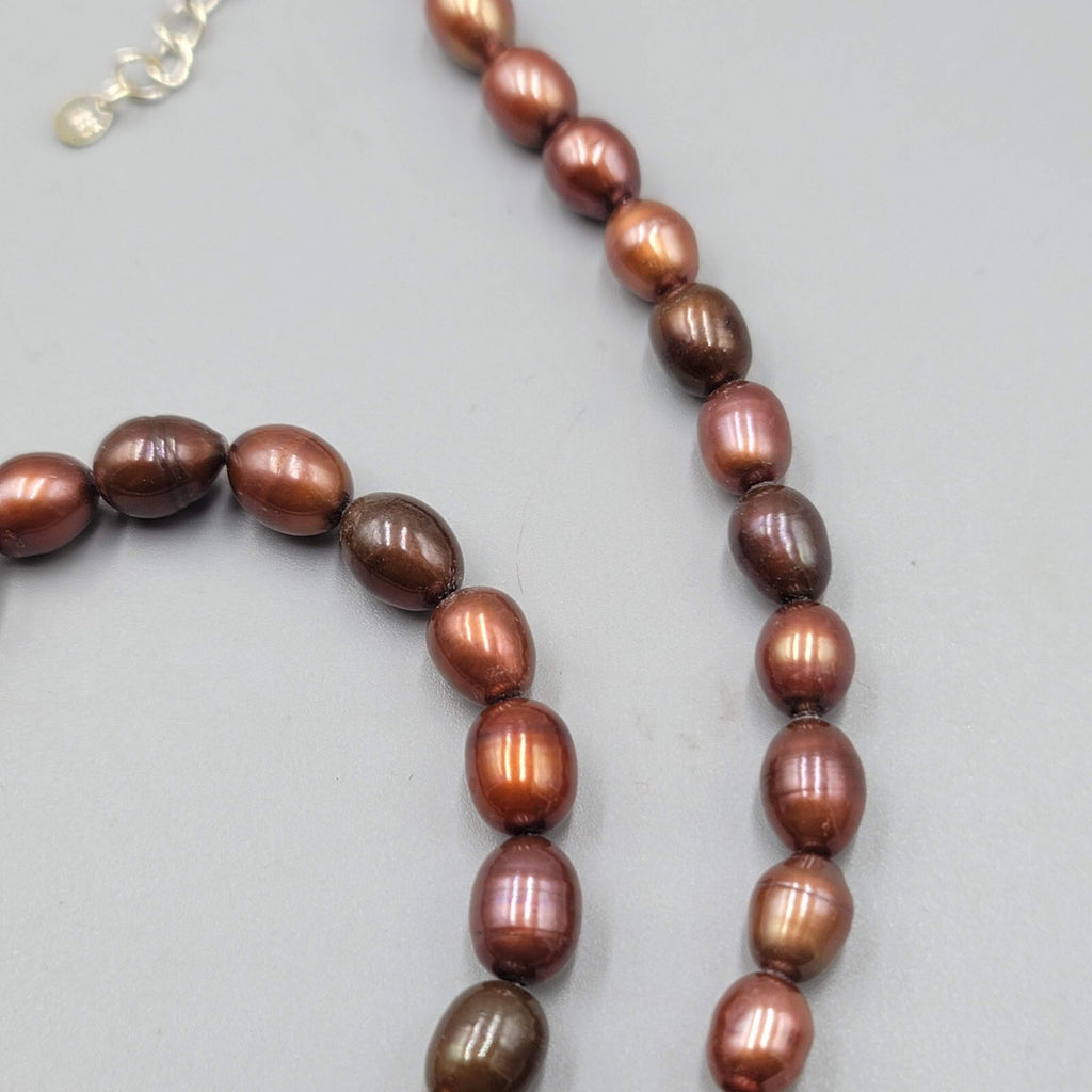 Real Pearl Bead Necklace and Bracelet Set Shades of Brown Sterling Silver 18"+