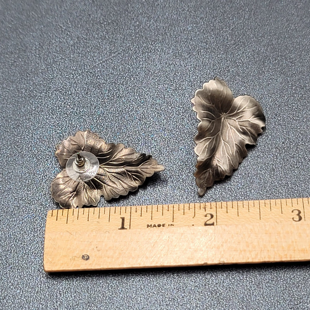 Vintage Pierced Earrings Textured Leaves Dark Gray Drop 1 3/8"