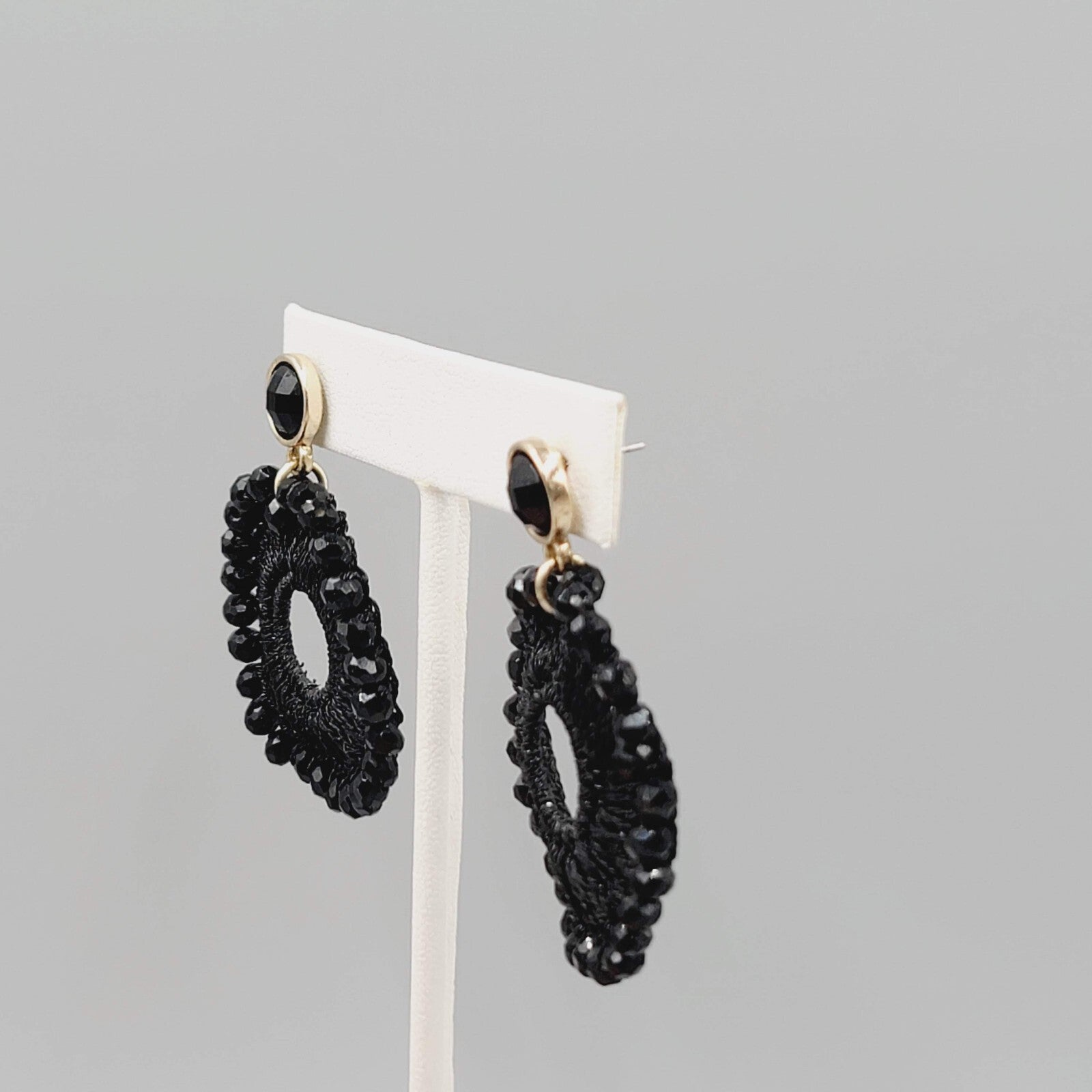 Black Crochet Bead Pierced Earrings Dangle 1.5"