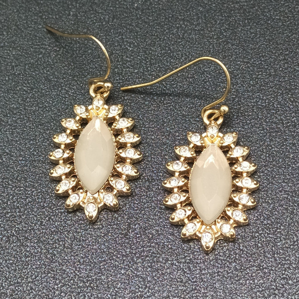 Pierced Earrings Gold tone Acrylic Center Crystal Studded Dangle 1"