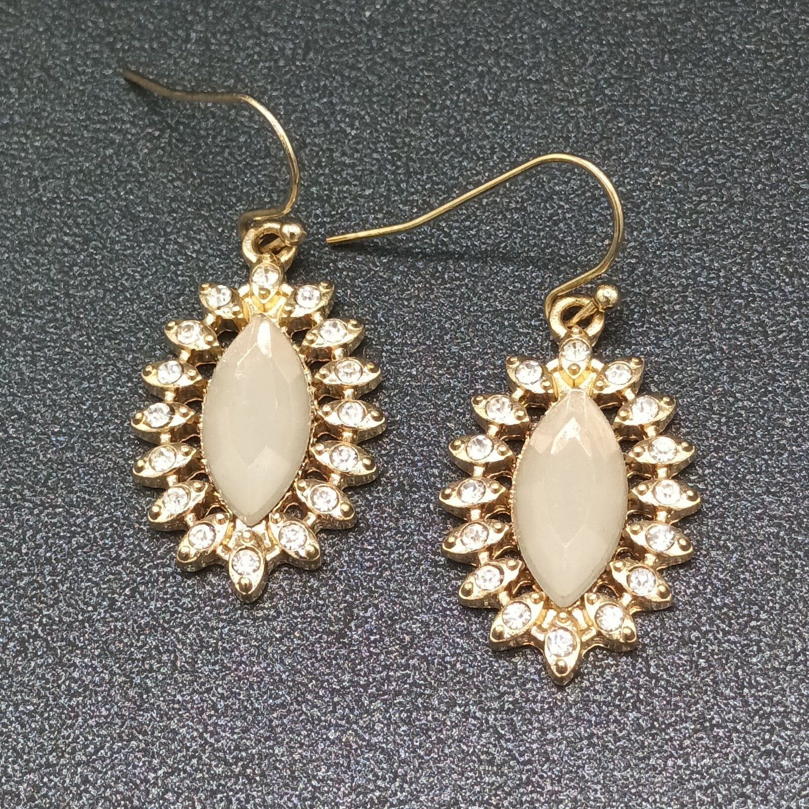 Pierced Earrings Gold tone Acrylic Center Crystal Studded Dangle 1"