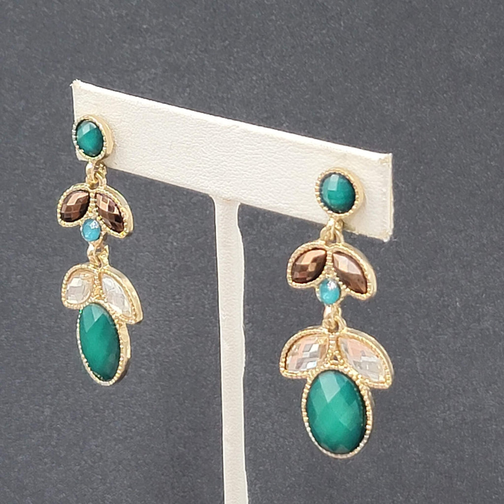 Pierced Earrings Gold tone Teal Green Faceted Acrylic Statement Drop 1 7/8"