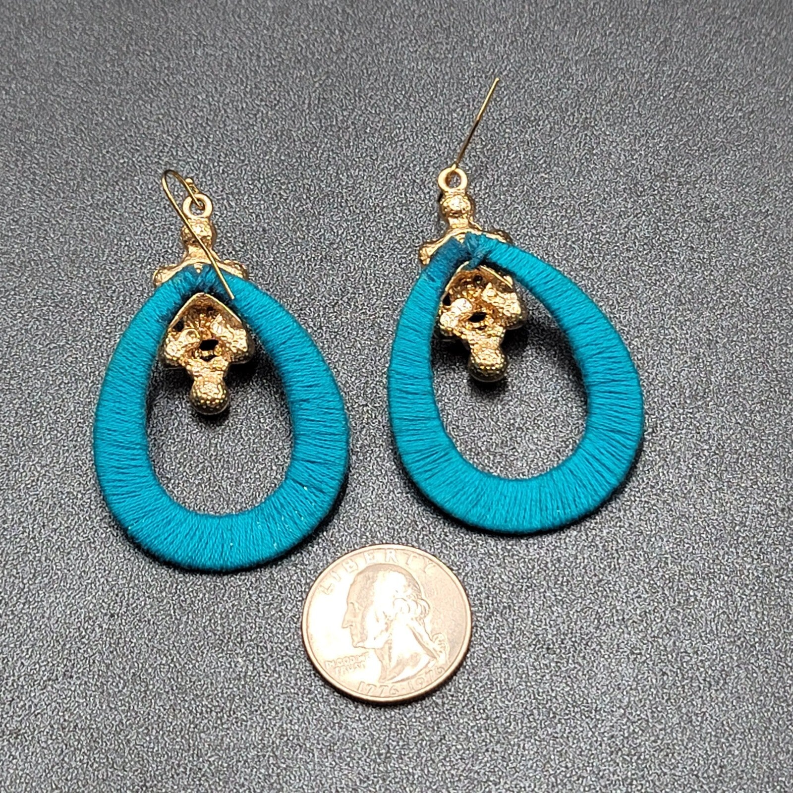 Pierced Earrings Gold tone Yellow Rhinestone Blue String Wrapped Hoops 2.25"