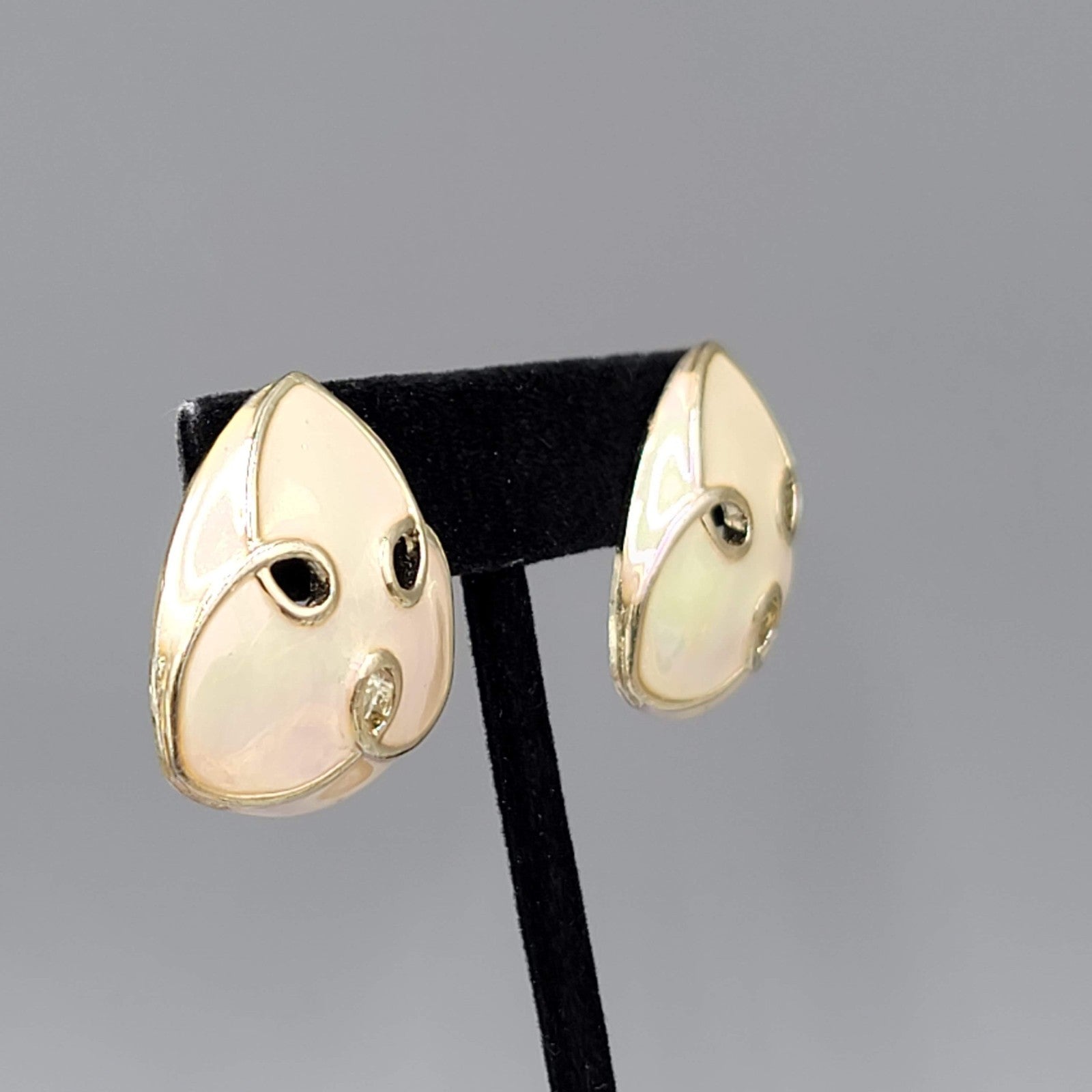 Vintage Iridescent White Enamel Pierced Earrings Triangle Drop 1 1/8"