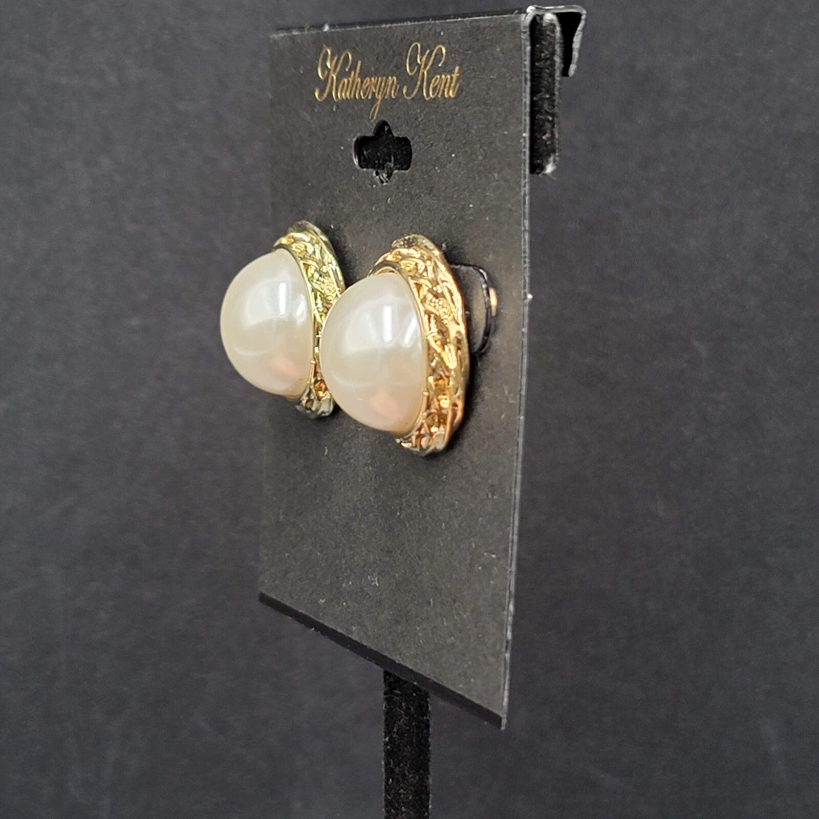 Katheryn Kent Pierced Earrings Gold tone Domed White Studs NOS 3/4"