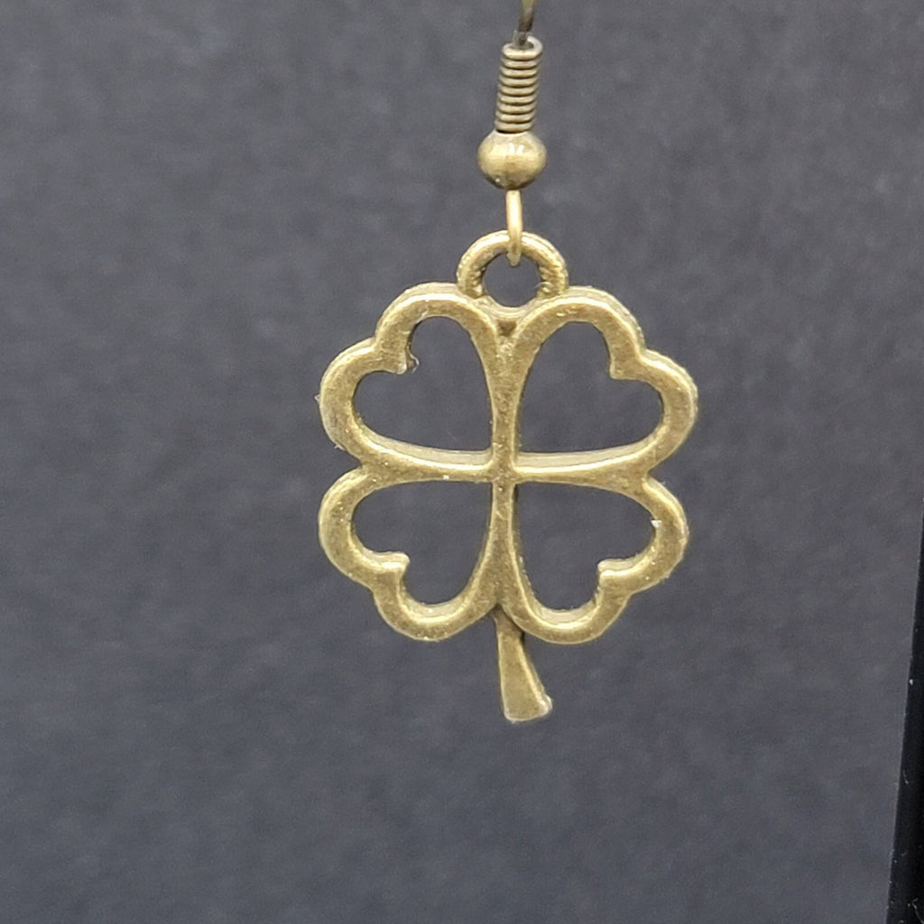 New 4 Leaf Clover Pierced Earrings Lucky Shamrock Bronze tone Dangle 1"