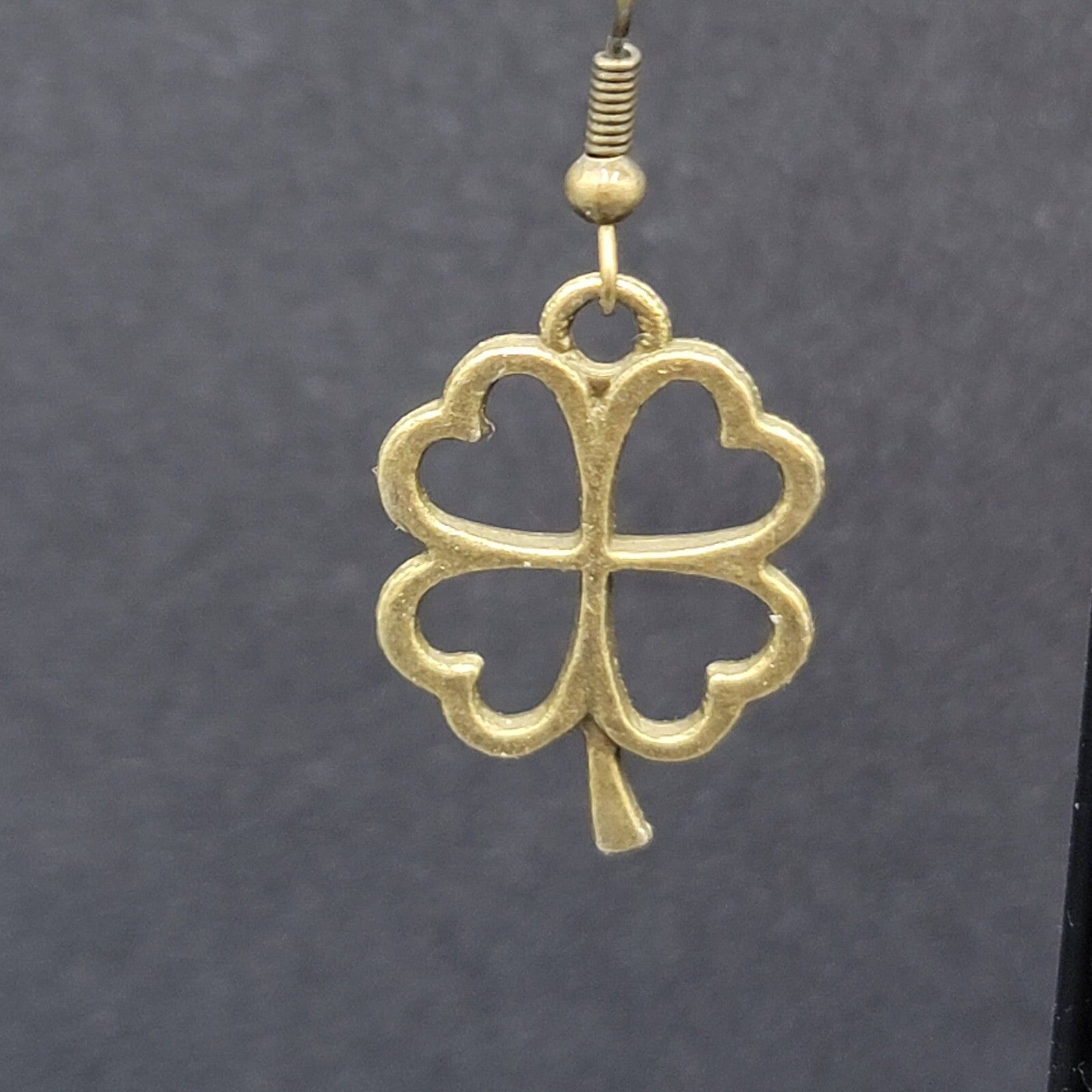 New 4 Leaf Clover Pierced Earrings Lucky Shamrock Bronze tone Dangle 1"