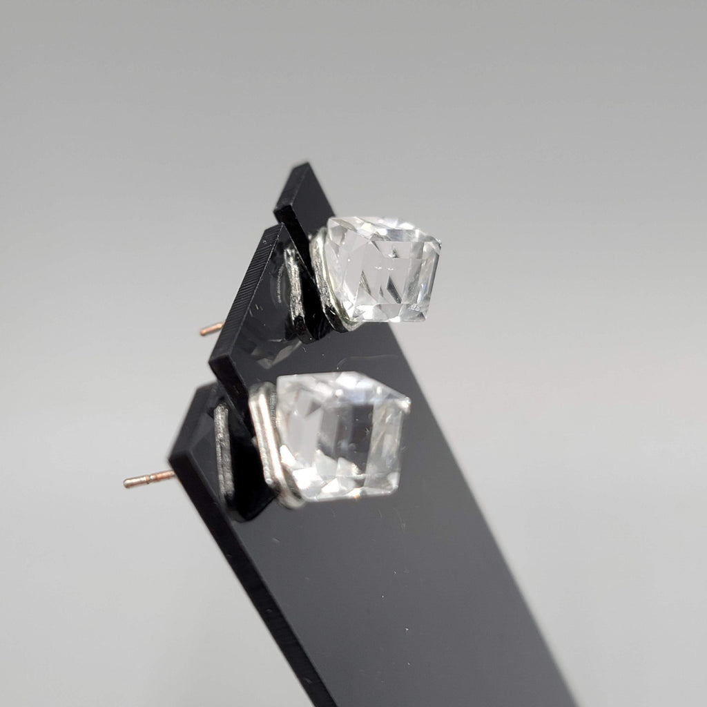 Crystal Cube Stud Pierced Earrings Silver tone 3/8 in