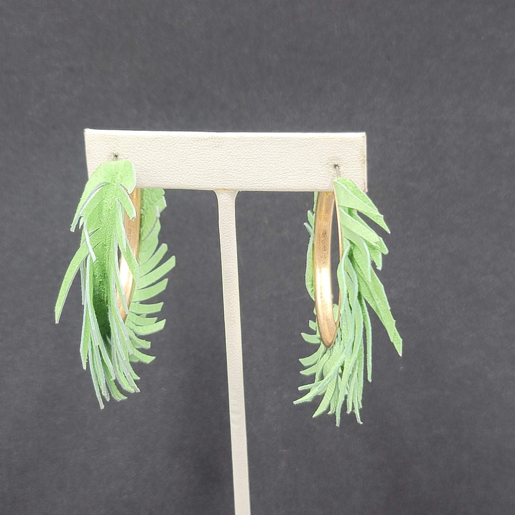 Pierced Earrings Green Fringe Gold tone Hoops Dangle