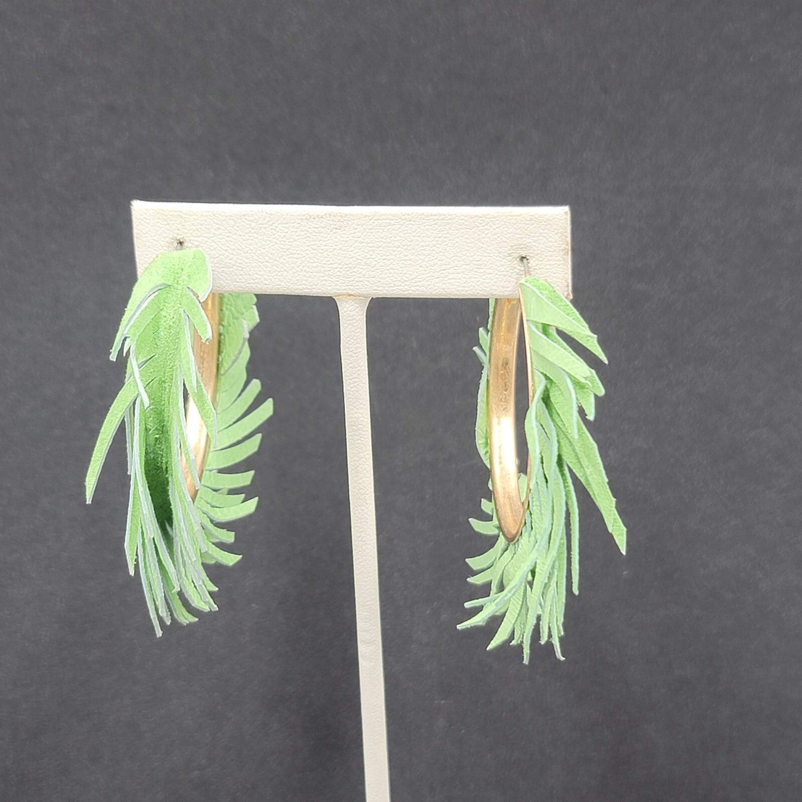 Pierced Earrings Green Fringe Gold tone Hoops Dangle