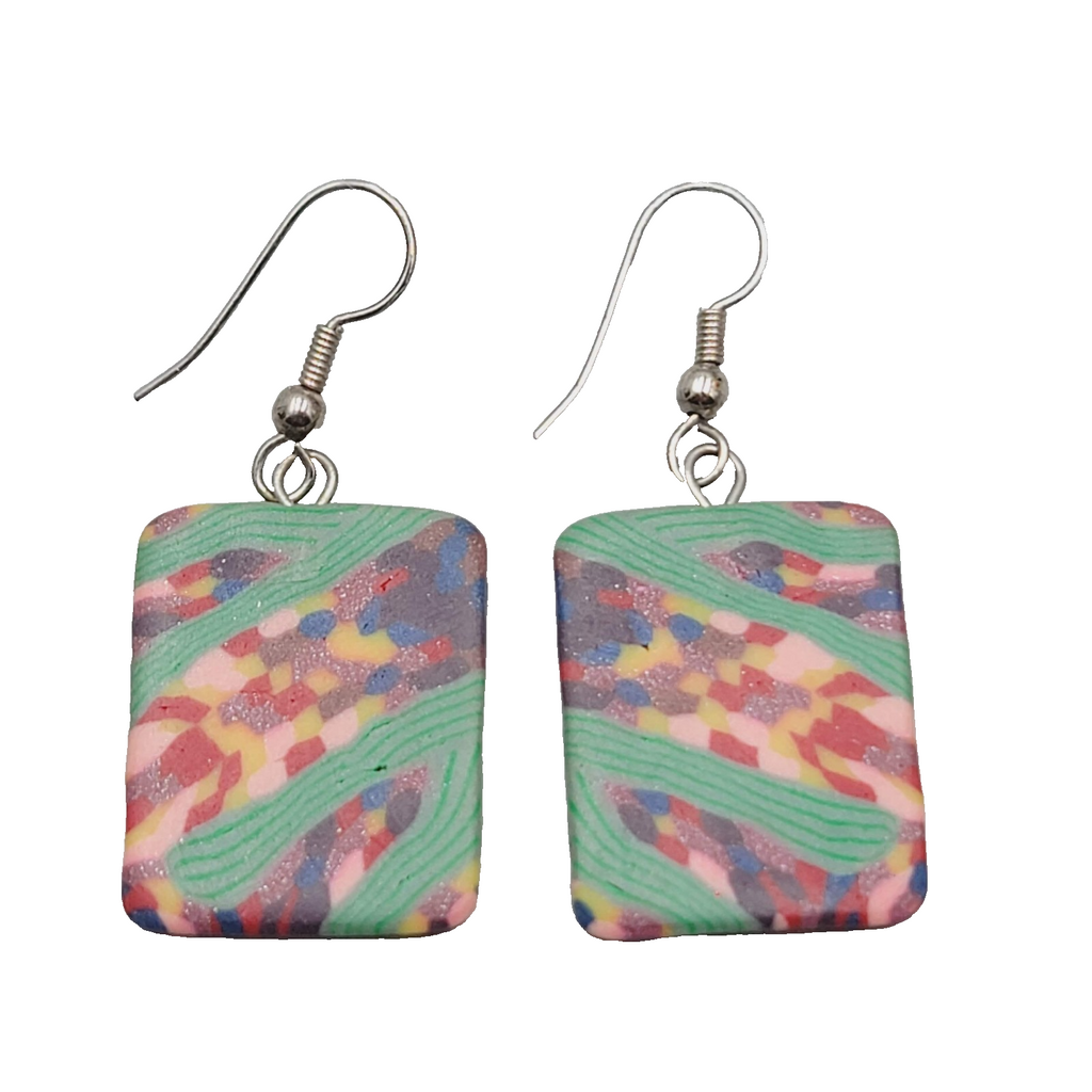 Multicolor Polymer Clay Pierced Earrings Silver tone Dangle 1 1/8"
