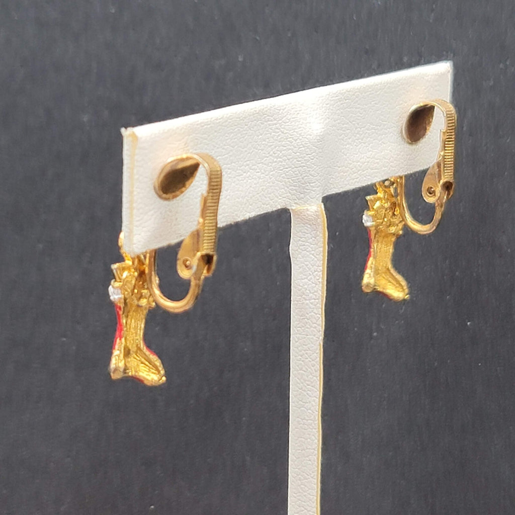 Vintage Christmas Clip on Earrings Gold tone Enamel Stocking Dangle 1"