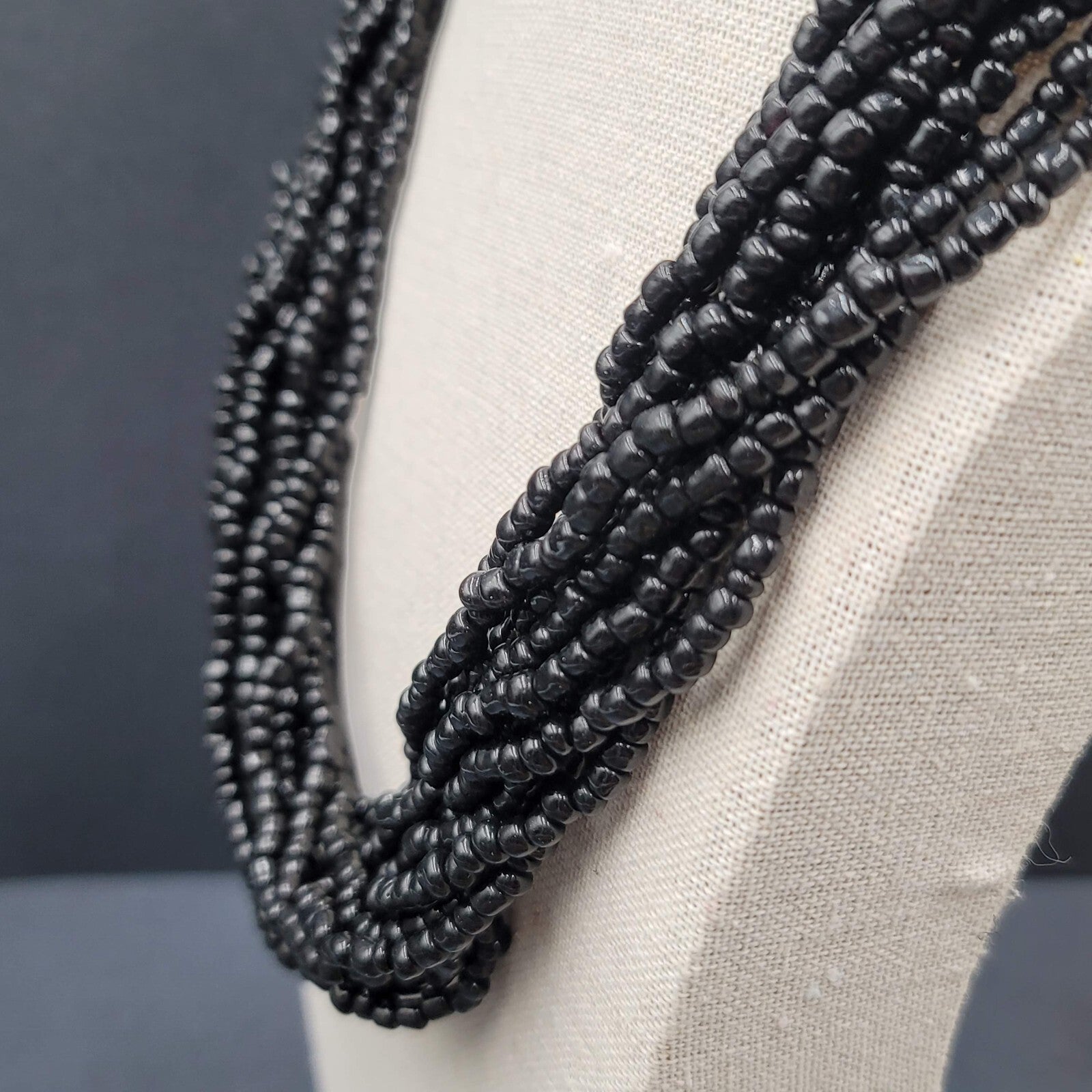 Black Glass Seed Bead 12 Strand Necklace Silver tone 20"-22.5"