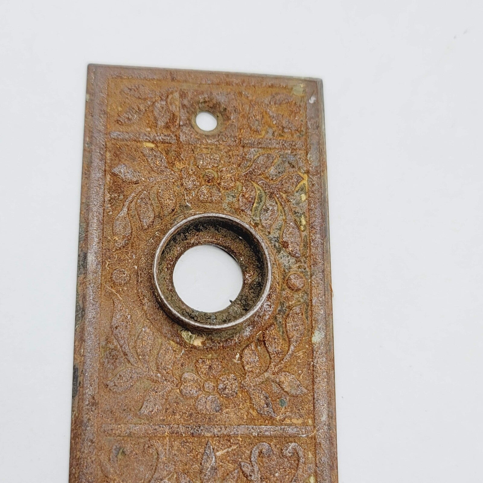 Vintage Ornate Steel Doorknob Back Plate 5  5/8" x 1  3/4" holes 2 3/8"