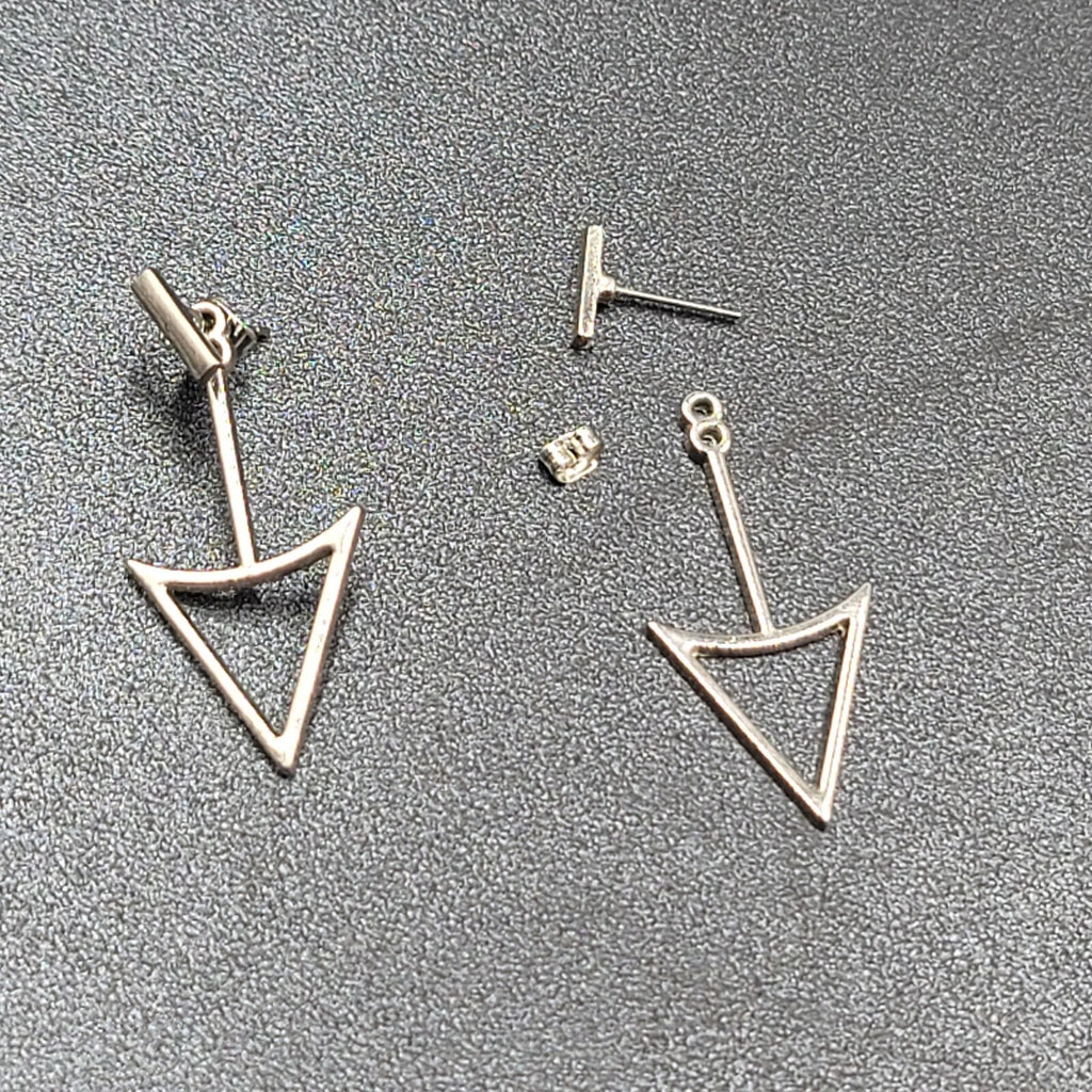 Arrow Triangle Pierced Earrings Silver tone Jacket Dangle 1.5"