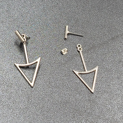 Arrow Triangle Pierced Earrings Silver tone Jacket Dangle 1.5"