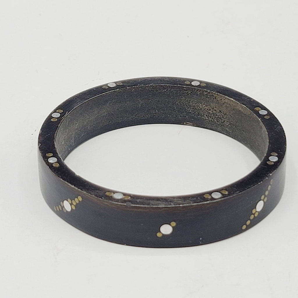 Wood Bangle Bracelet Inlay Brass and Nickel Boho Ethnic Unique 8 in