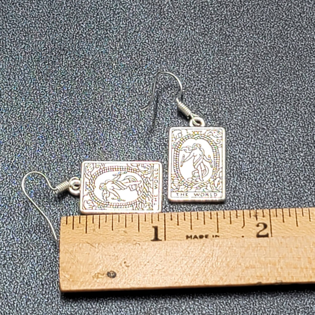 The WORLD Tarot Card Pierced Earrings Silver tone 1"
