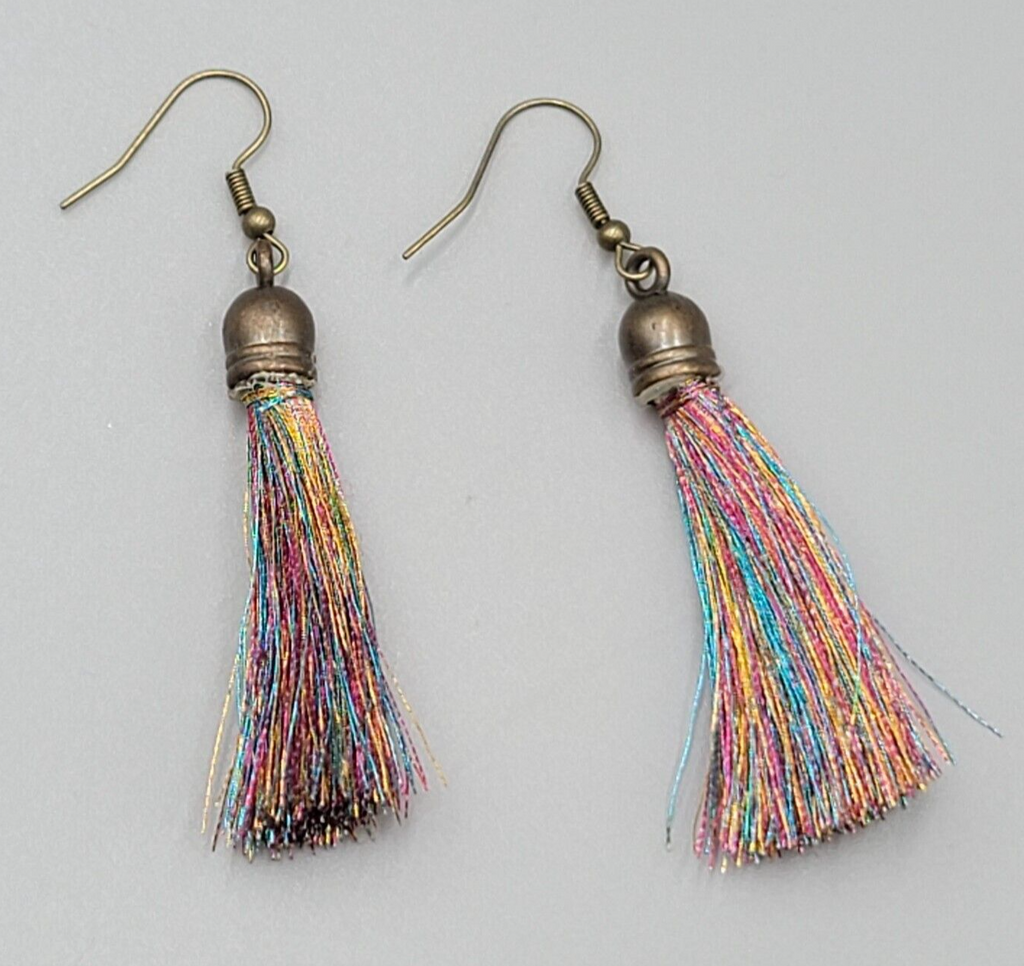 Tassel Pierced Earrings Bronze tone Multicolor Dangle 2"