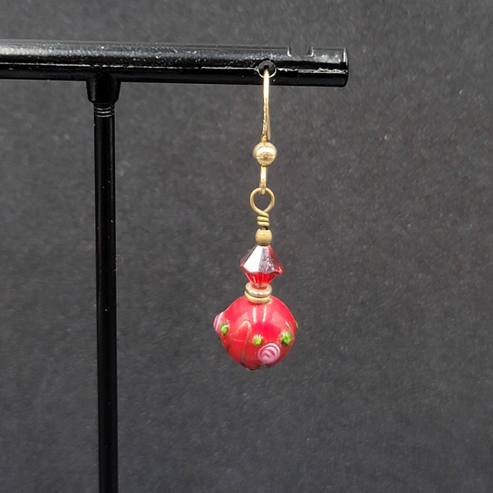 Gold Filled Pierced Earrings Red Glass Wedding Cake Bead Flowers 1"