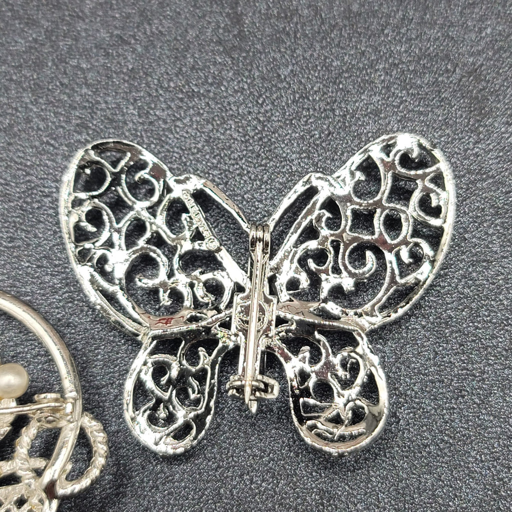 Vintage Brooch Lot of 2 Silver tone Basket of Flowers Filigree Butterfly