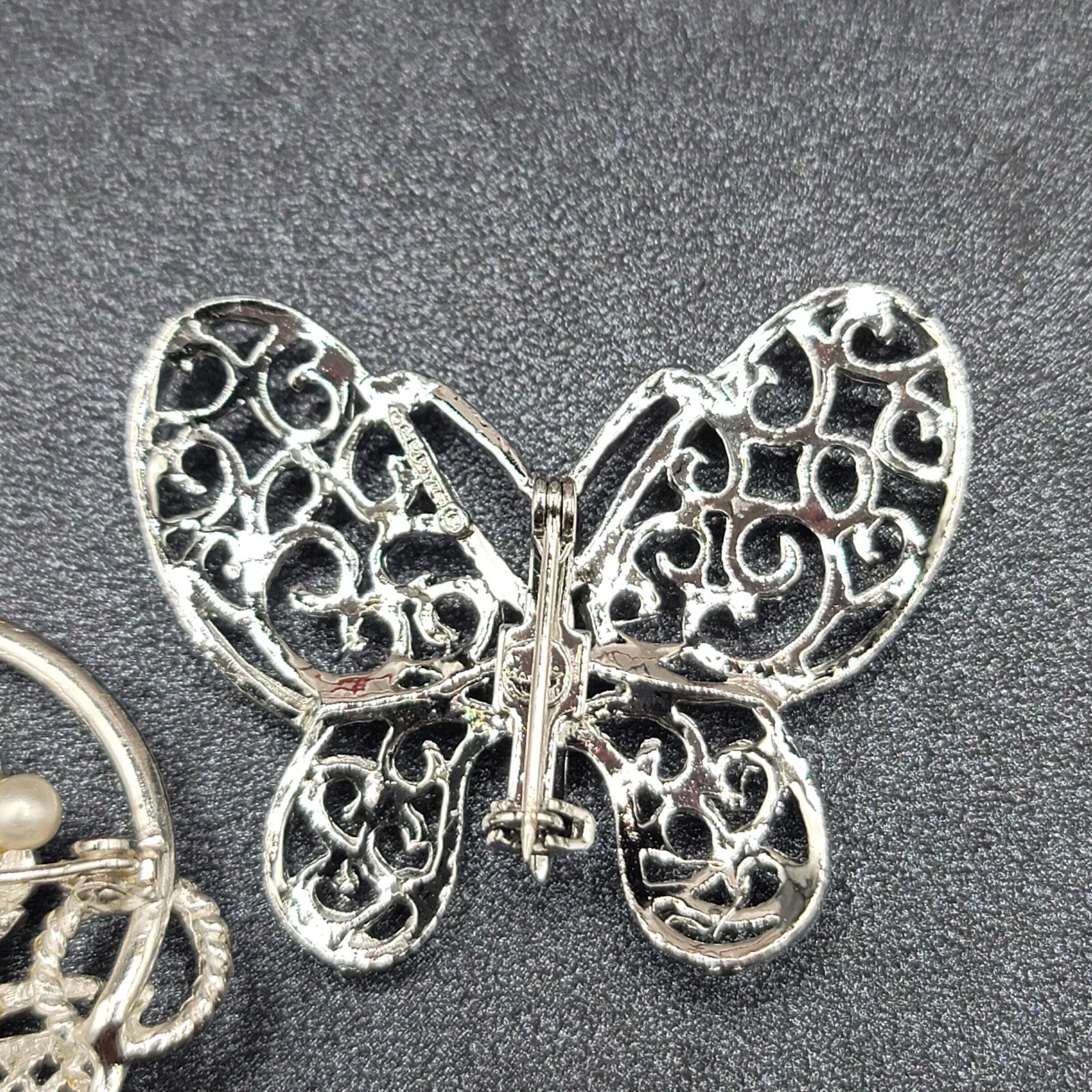 Vintage Brooch Lot of 2 Silver tone Basket of Flowers Filigree Butterfly