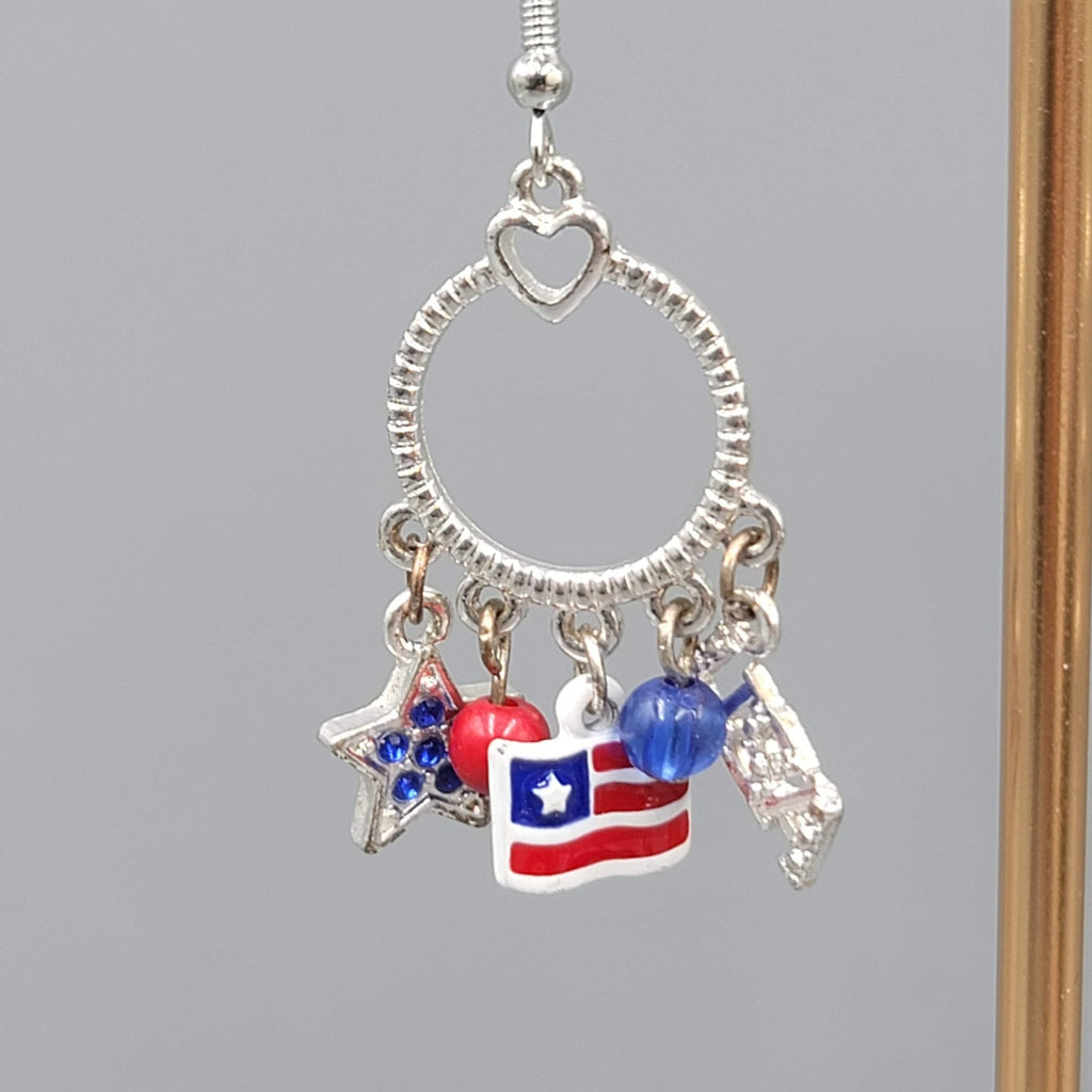 Patriotic Pierced Earrings Silver tone Dangle  USA Flag Enamel 1.25"