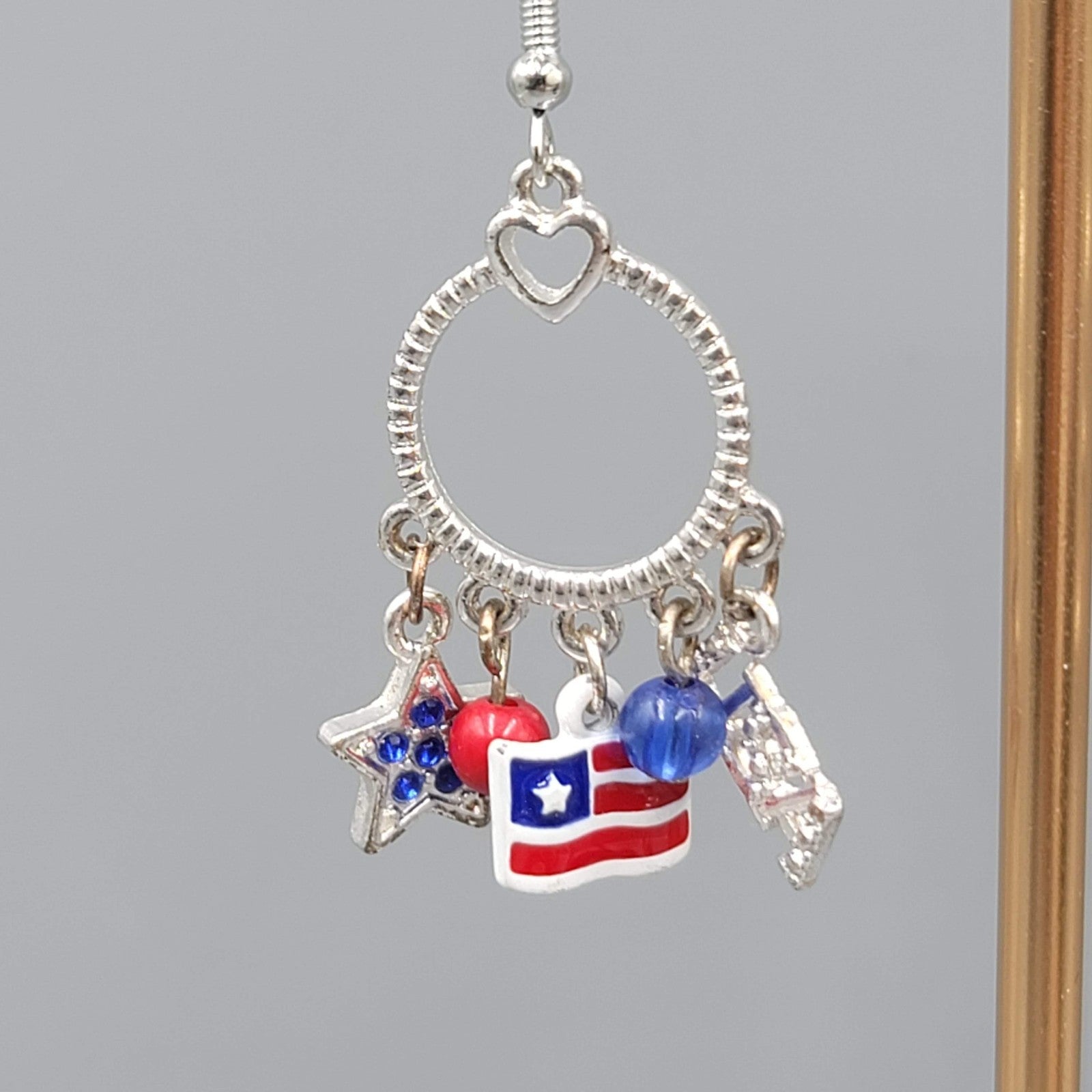 Patriotic Pierced Earrings Silver tone Dangle  USA Flag Enamel 1.25"