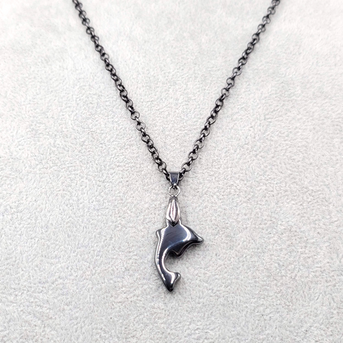 Dolphin Hematite Pendant Necklace Black Rolo Chain 22 in