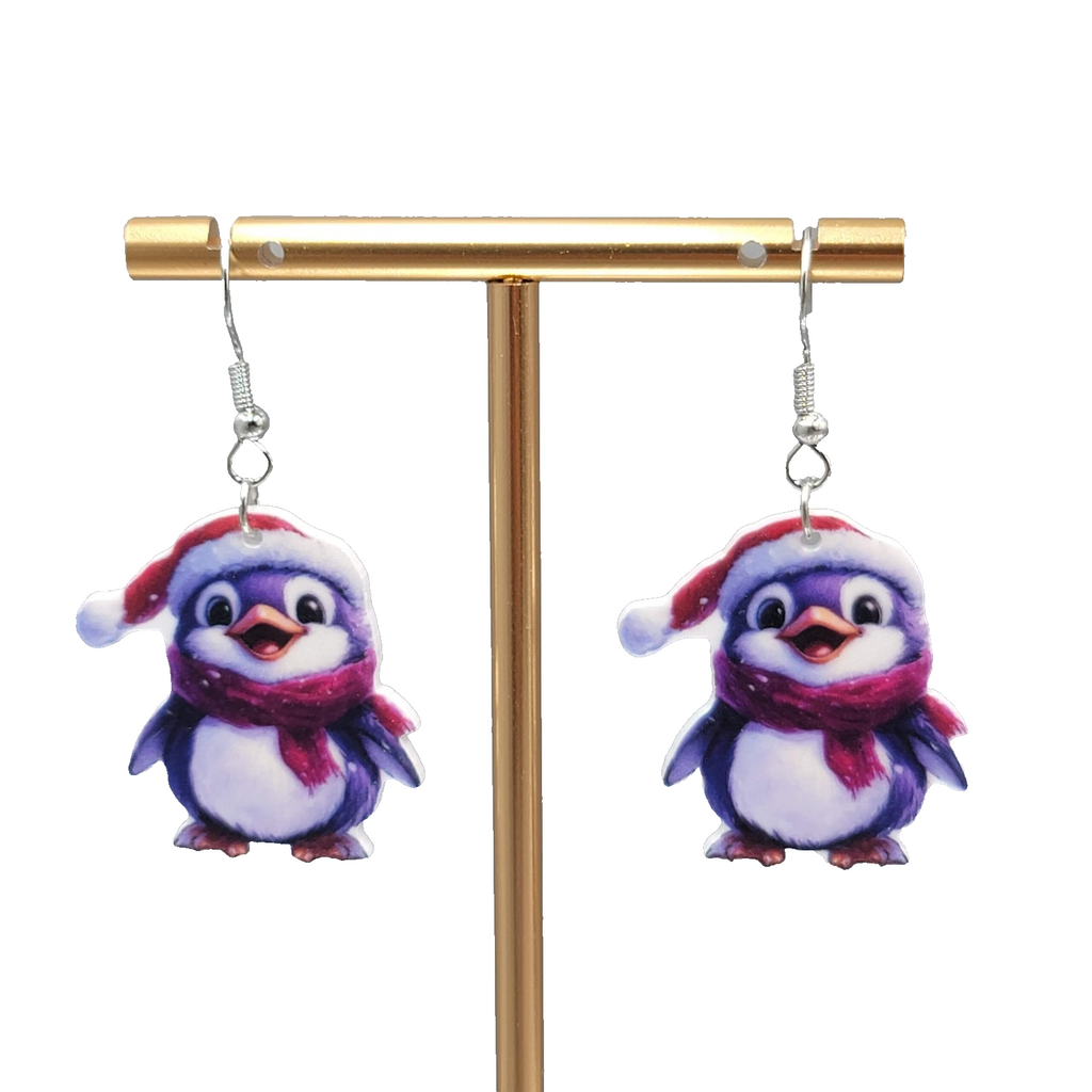 Winter Penguin Pierced Earrings Silver tone Dangle 1.25 in