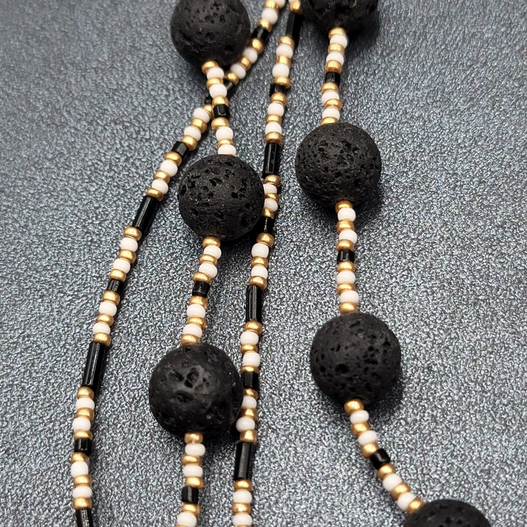 Beaded Necklace Bracelet Earrings Set Gold tone White Black Lava Bead Set