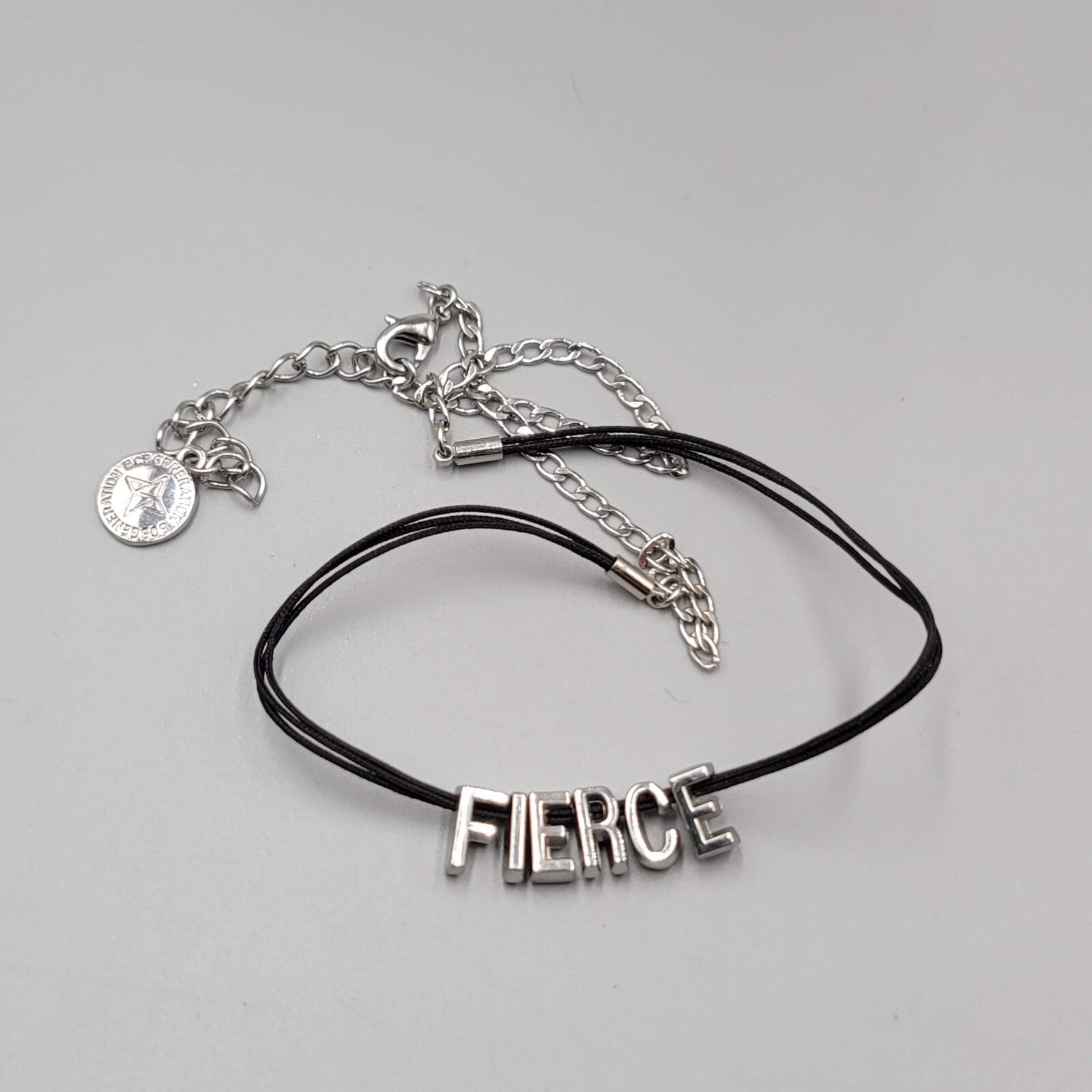 BCBGeneration FIERCE Necklace Black Cord Silver tone Signed 16"-18"