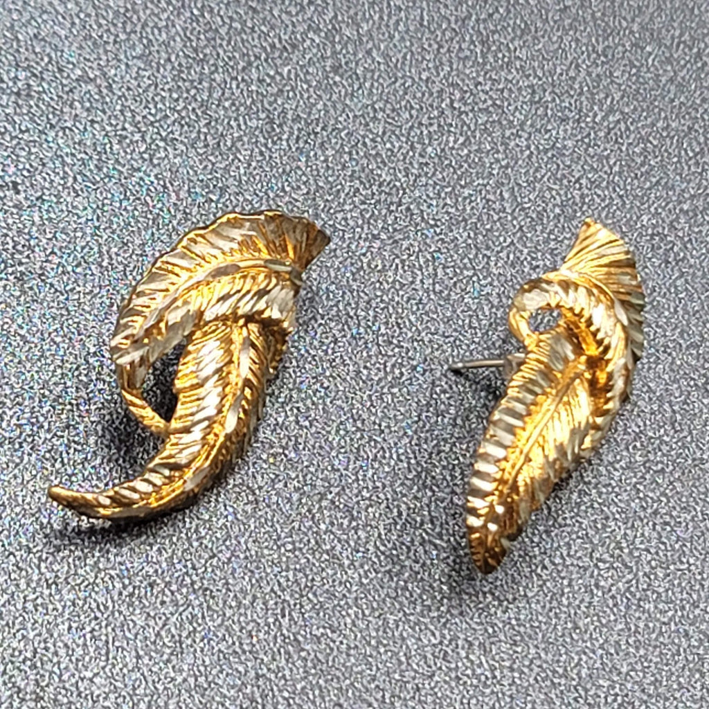 Sterling Silver Pierced Earrings 925 Gold Vermeil 2 Toned Drop Feather  1.25"