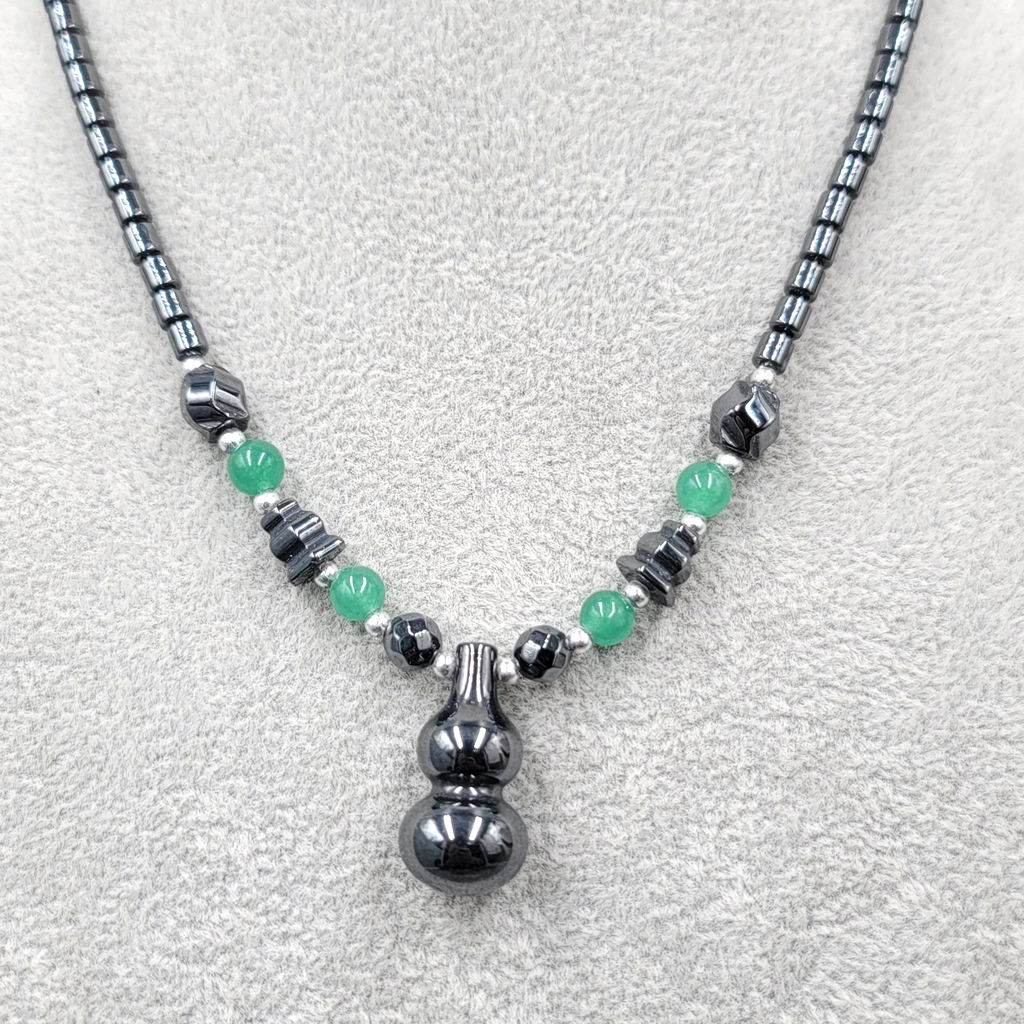 Hematite Bead Necklace Green Jade Lantern Pendant 18"
