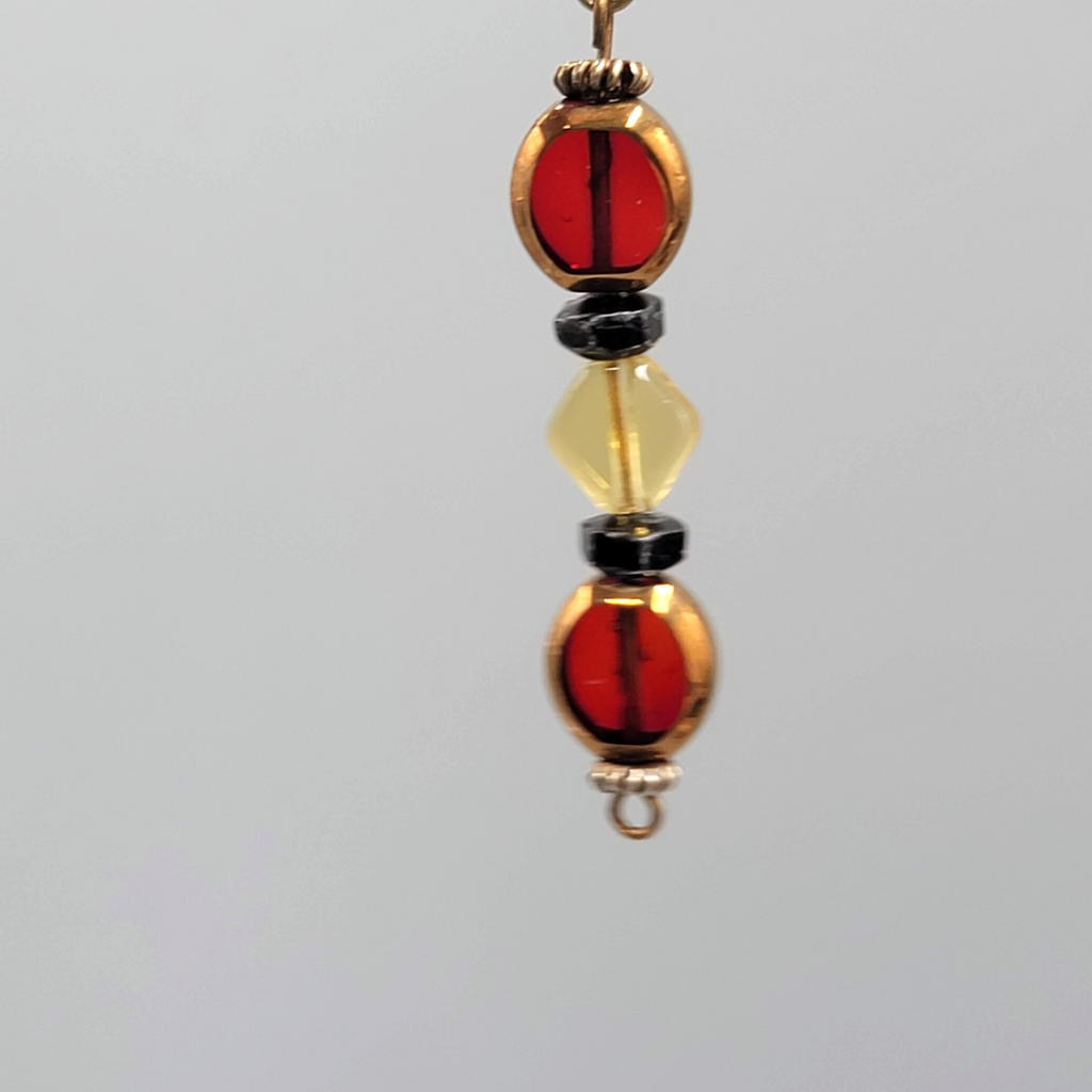 Red Yellow Glass Bead Pierced Earrings Bronze tone Dangle 1.75"