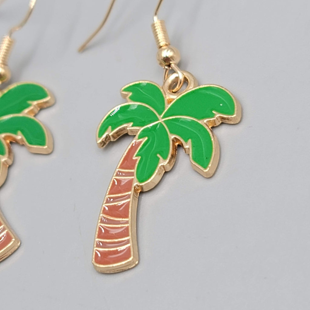 Enamel Palm Tree Pierced Earrings Island Vacation Gold tone Dangle 1 1/8"