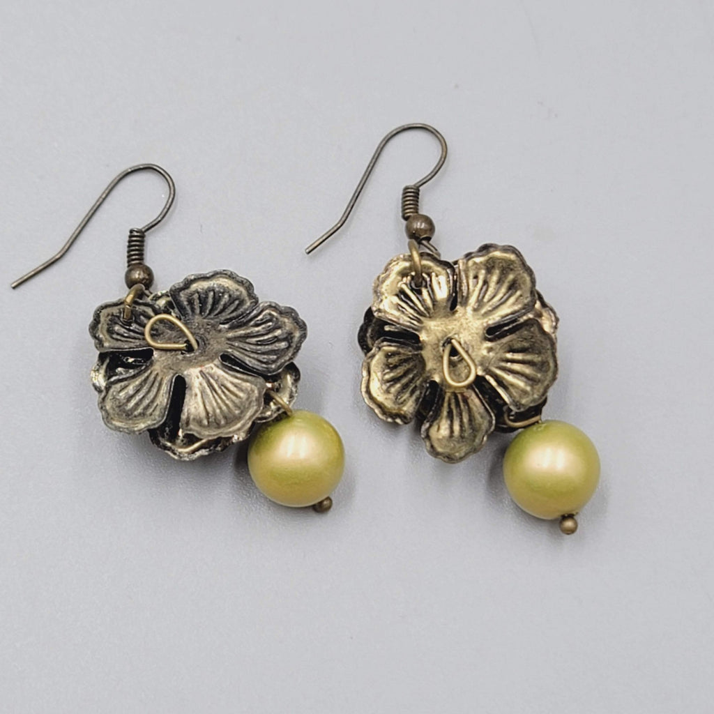Flower Dangle Pierced Earrings Bronze tone Green Pink Bead 1.25"