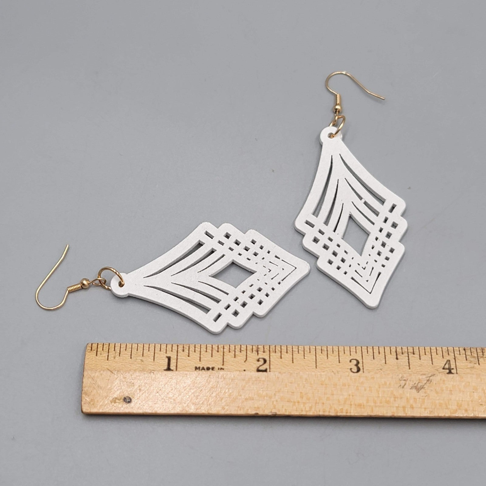 White Painted Laser Cut Wood Pierced Earrings Gold tone Dangle Statement 2 3/8"