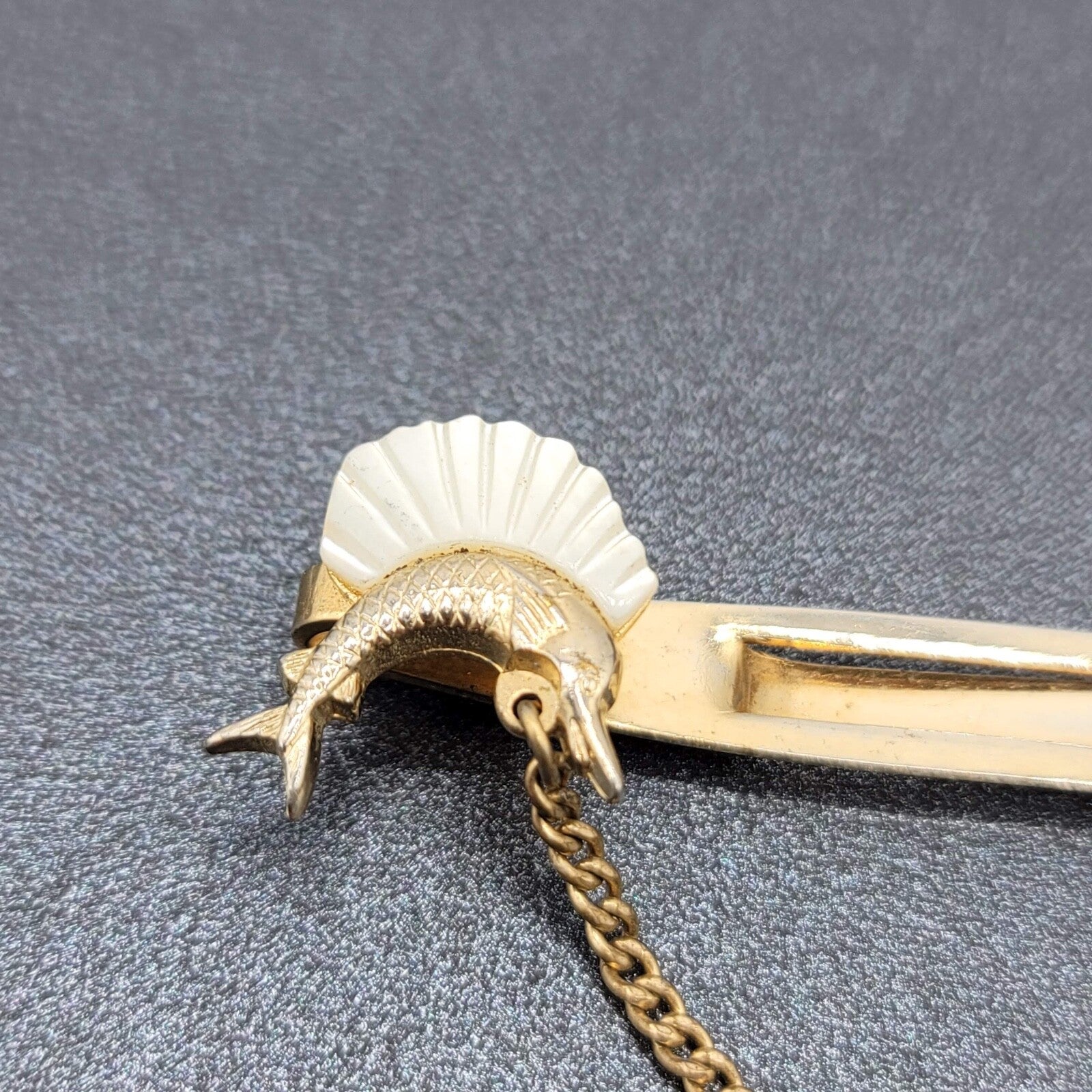 Vintage Chain Tie Bar Clip Carved Mother of Pearl Swordfish Fish Fishing