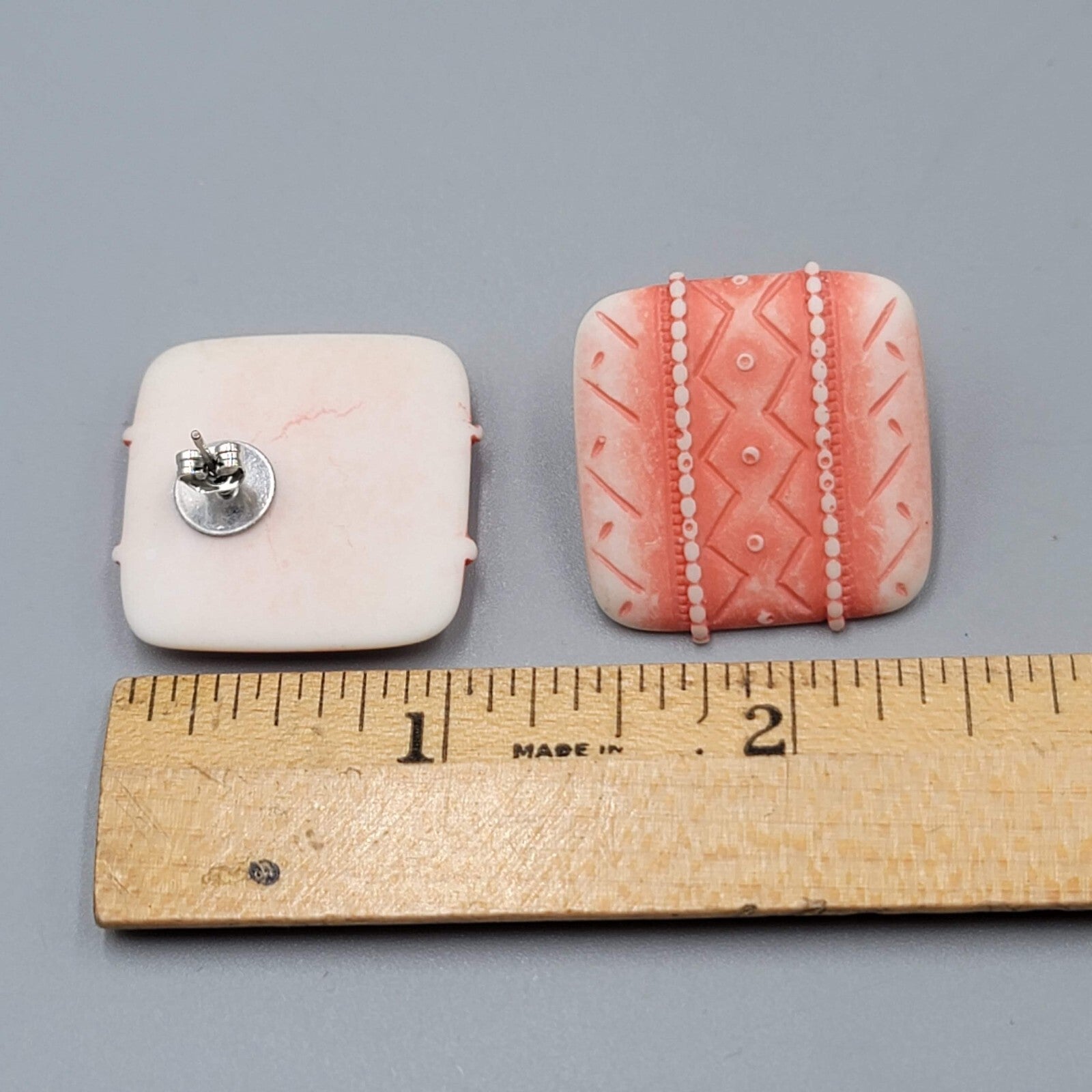 Vintage Salmon Pink White Pierced Earrings Embossed Square Drop 1"