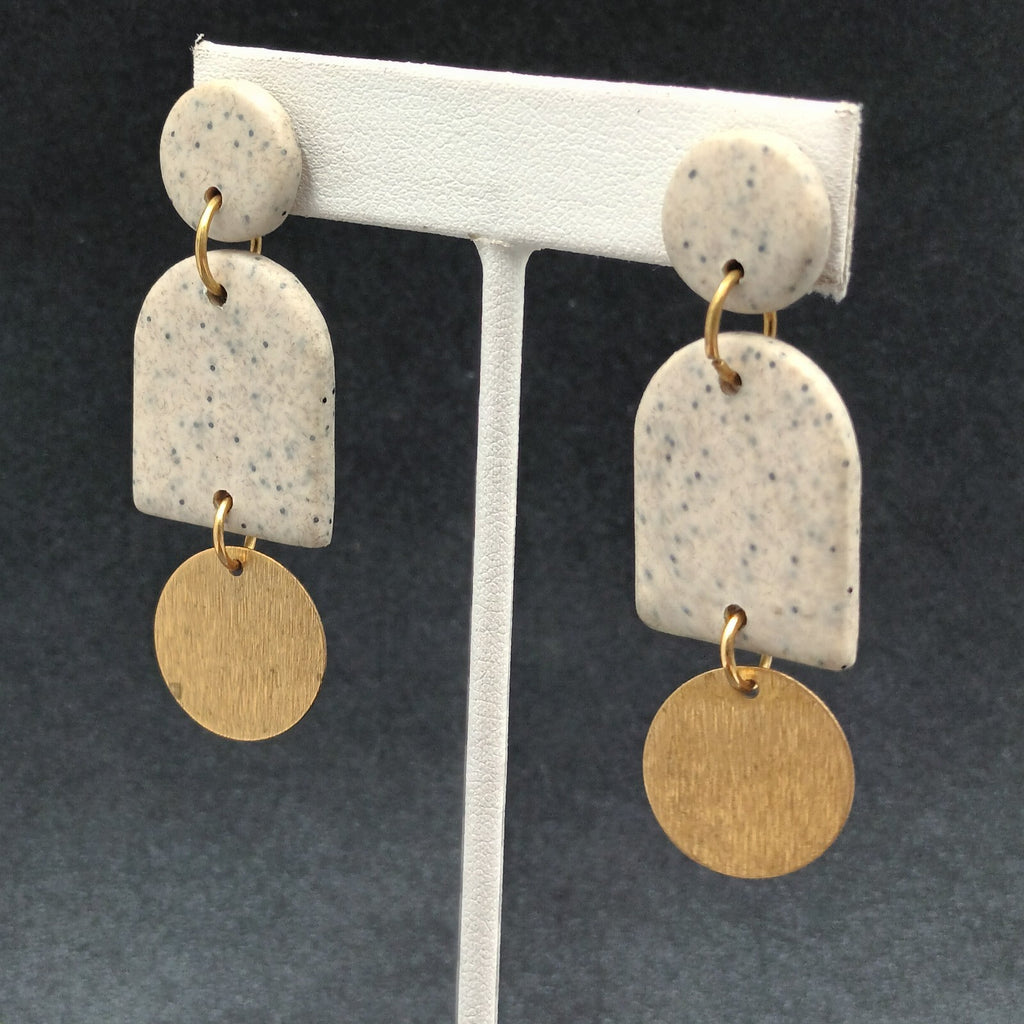 Pierced Earrings Speckled Acrylic Gold tone Geometric Statement Dangle 2 3/8"