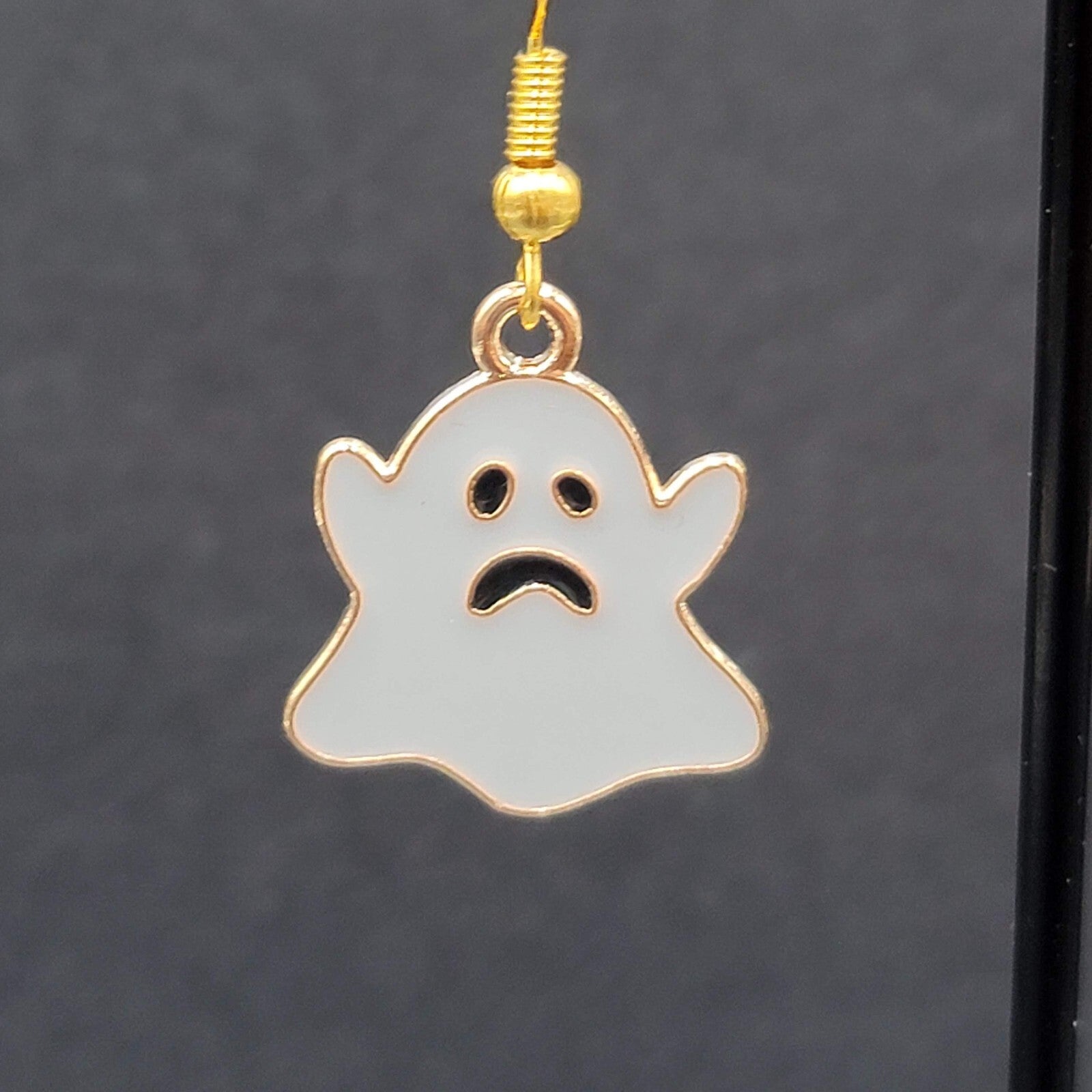 Halloween Sad Ghost Pierced Earrings Gold tone Gray Enamel Dangle 3/4"