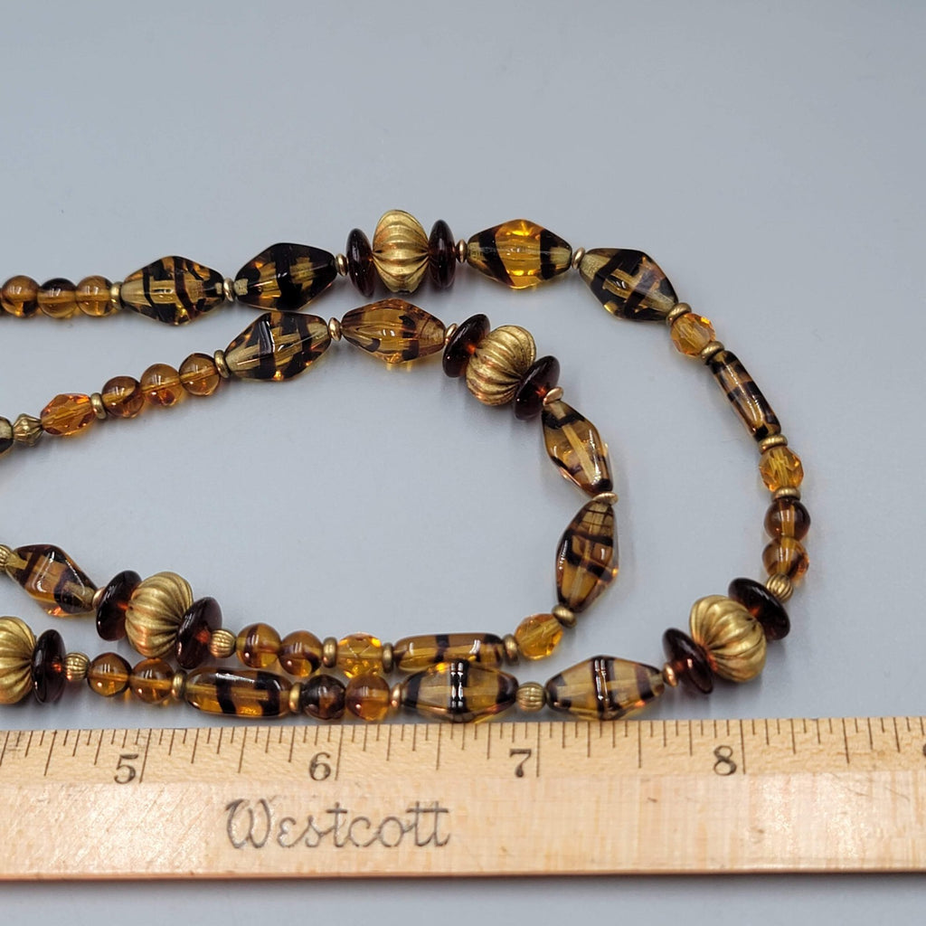 Brown Glass Bead Necklace Brass Bead 28"