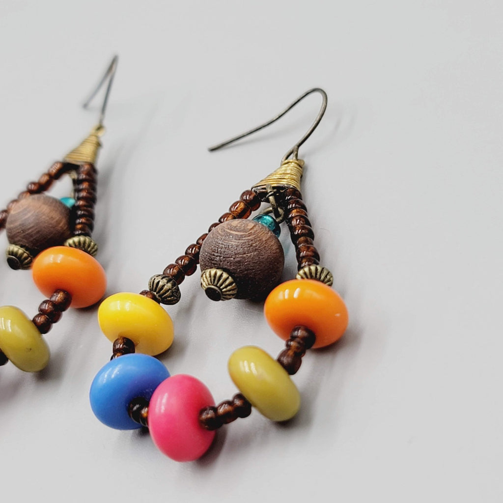 Multicolor Wood Beads Pierced Earrings Teardrop Dangle 2"