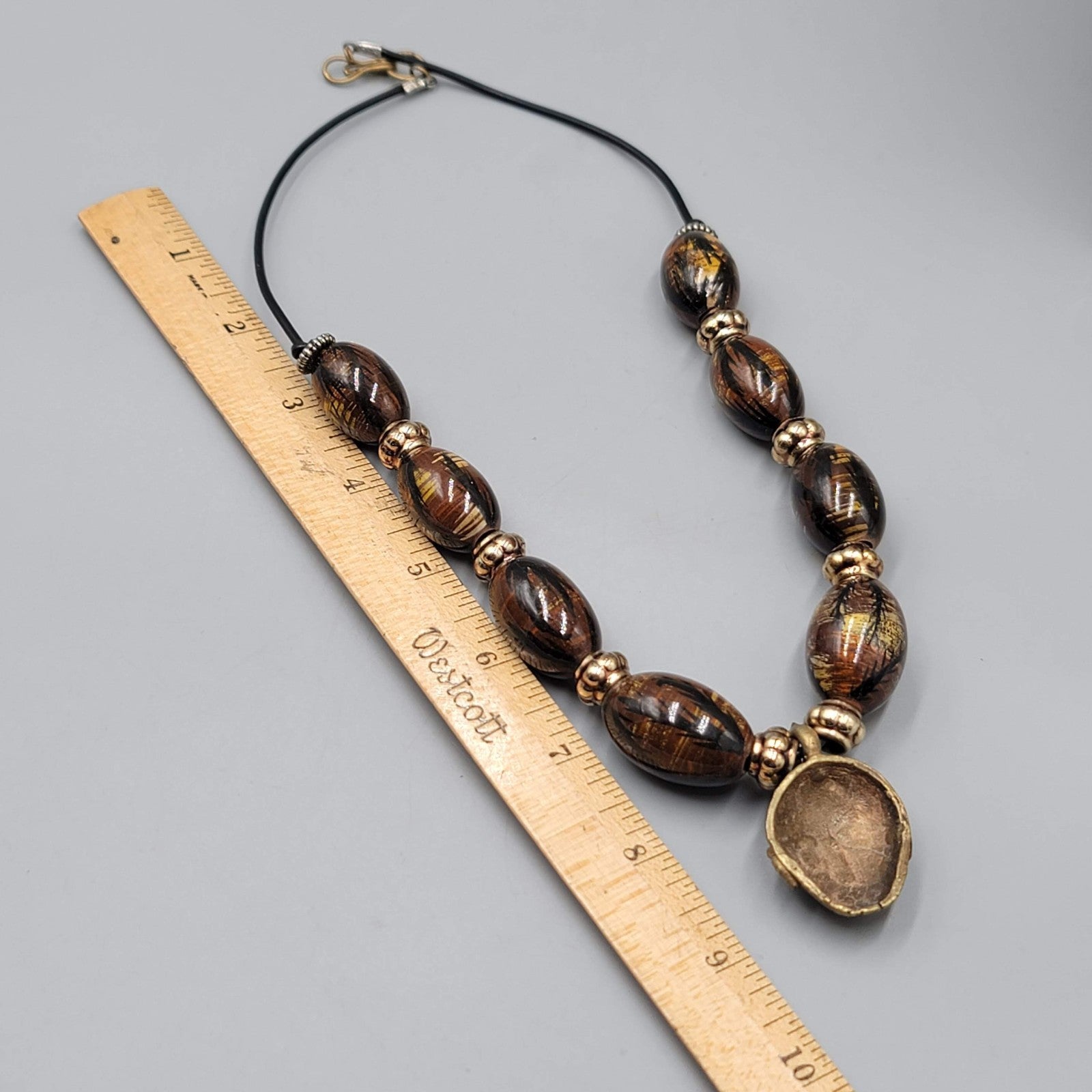 Vintage African Necklace Brass Face Mask Pendant Hand Painted Beads 22 in